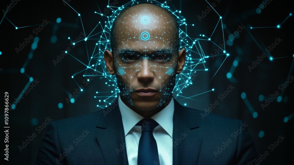 Poster serious bald man in a suit surrounded by digital network nodes symbolizing leadership data systems a