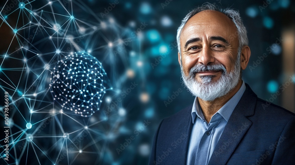 Poster older man with a gentle smile surrounded by glowing data spheres representing knowledge science and 