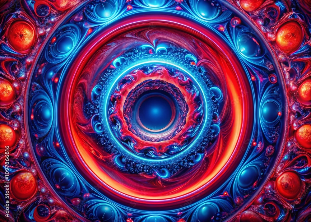 Poster enchanting macro photography of a red and blue circle portal vj loop with vivid colors and intricate