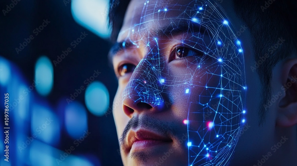 Poster futuristic man with glowing blue facial data lines on a gradient background highlighting advanced di