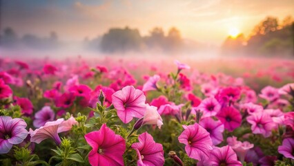 Obraz premium Enchanting Morning View of Pink Petunia Flowers in a Foggy Wild Field, Capturing the Fragrance and Coolness of Nature's Beauty at Dawn