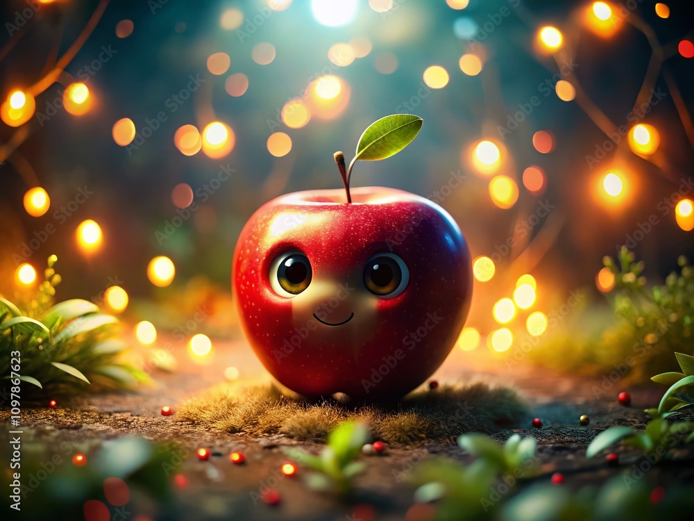Poster enchanting red apple cartoon in dreamy low light setting with soft glows and shadows, perfect for il