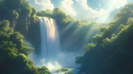 Majestic waterfall surrounded by lush jungle, with sunlight creating a rainbow in the mist, anime style, wallpaper.
