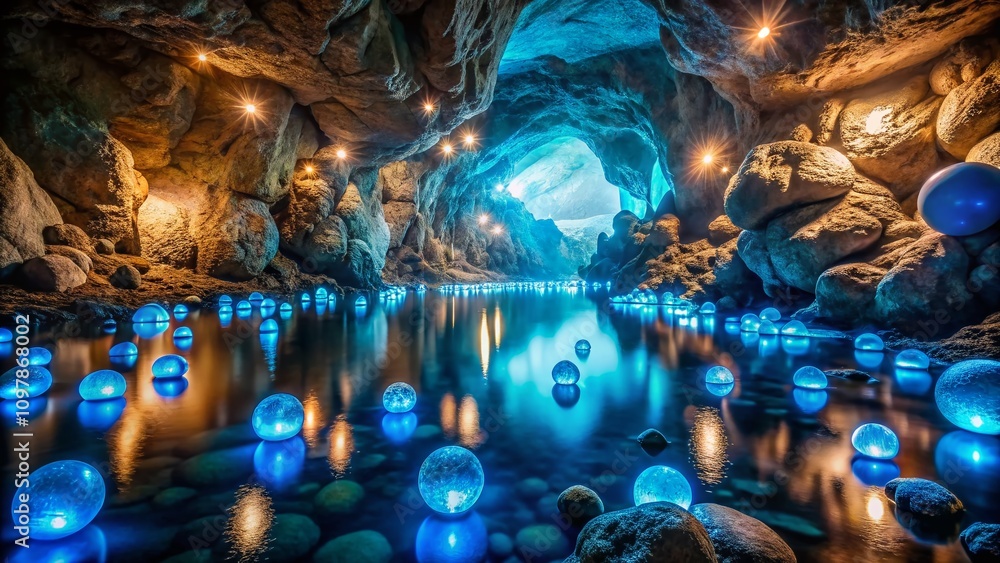 Poster enchanting subterranean cave with glowing blue orbs and rocky textures creating an otherworldly atmo