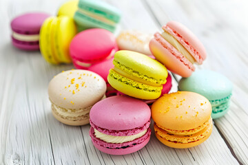 Group of beautiful colorful macarons on white wooden table.