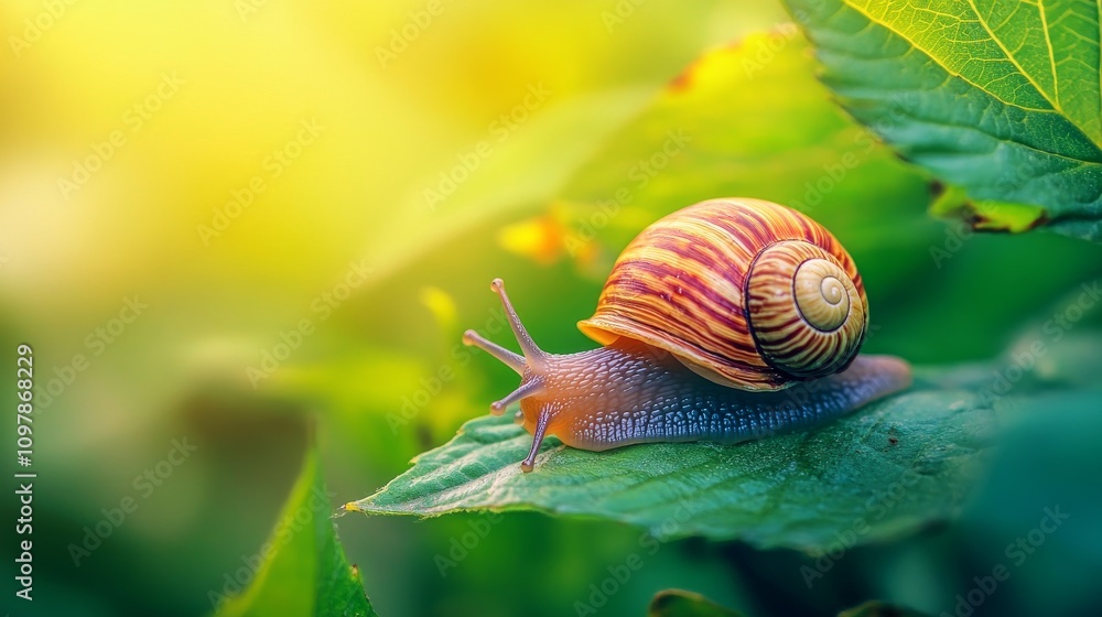 Poster a detailed macro image of a snail resting on a green leaf, illuminated by warm sunlight. the colorfu