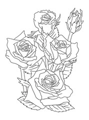 Beautiful black-and-white rose illustration with fine details, ideal for coloring books. Great for art enthusiasts, floral lovers, and creative projects.