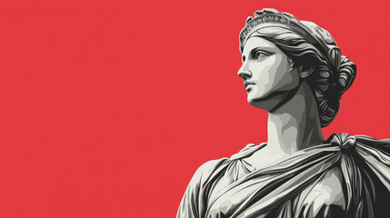 stylized depiction of a classical Greek statue of a woman, with elegant drapery and a headband, set against a bold red background, emphasizing its timeless beauty and cultural significance