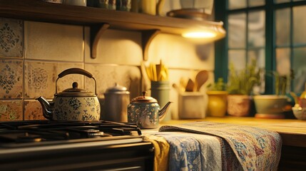 A warm and homey kitchen corner featuring vintage tea tins, a kettle on the stove, and colorful towels, complemented by cozy lighting