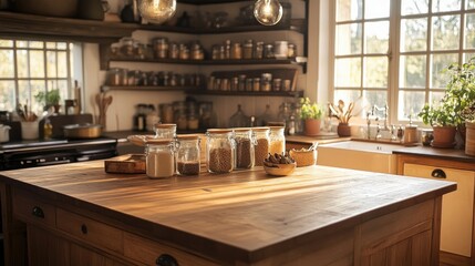 A warm family kitchen with a large wooden island, cozy lighting, jars of spices on display, and a feeling of lived-in comfort