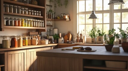 Fototapeta premium A warm family kitchen with a large wooden island, cozy lighting, jars of spices on display, and a feeling of lived-in comfort