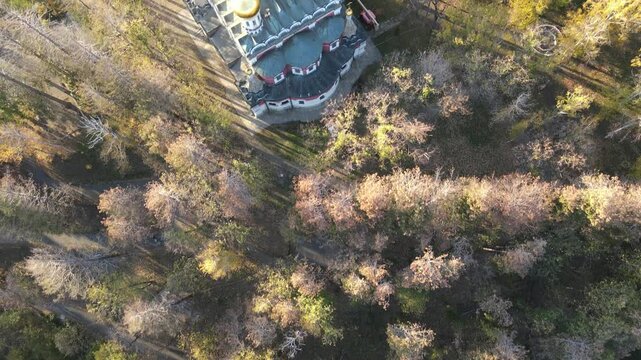 Aerial view of Shipka Monastery Holy Nativity, known as Russian church in town of Shipka, Stara Zagora Region, Bulgaria