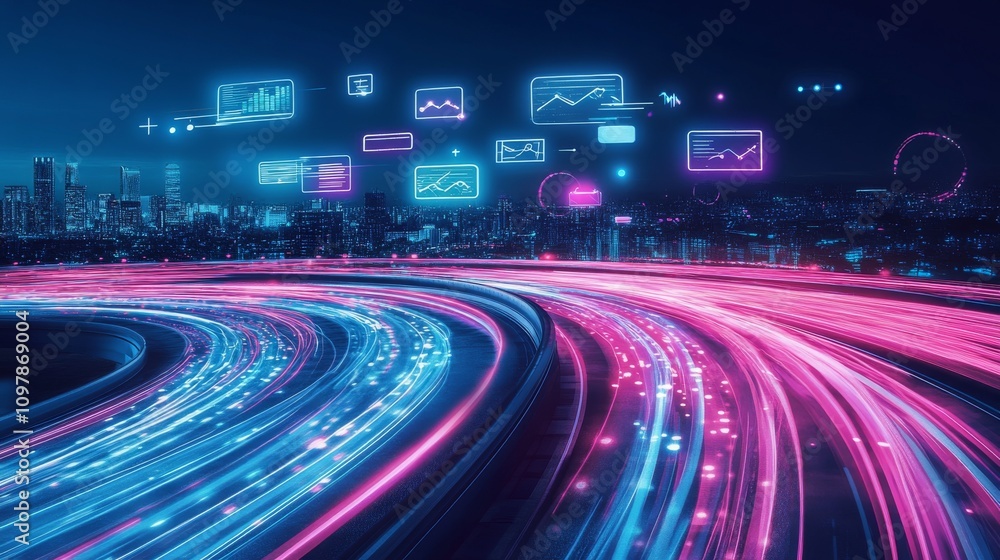 Poster a vibrant digital highway illuminated by neon pink and blue lights, curving through a modern city. f