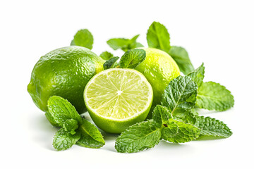 fresh whole limes and mint leaves, isolated on white
