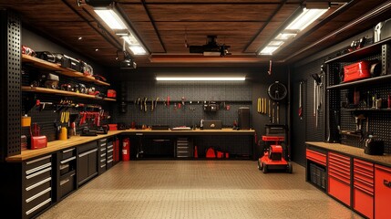 A well-structured garage interior showcasing neatly hung tools on pegboards, organized shelving units, and a spacious area for parking and working