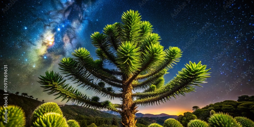 Poster enigmatic low light photography of a monkey puzzle tree under a starry night sky, emphasizing unique