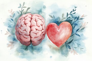A soft watercolor illustration of a brain and heart side by side with leafy accents, symbolizing harmony between intellect and emotions in a peaceful and calming palette