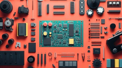 An organized workbench with wire cutters, a test rig, resistors, and a circuit board being inspected, set against a clean and functional workspace