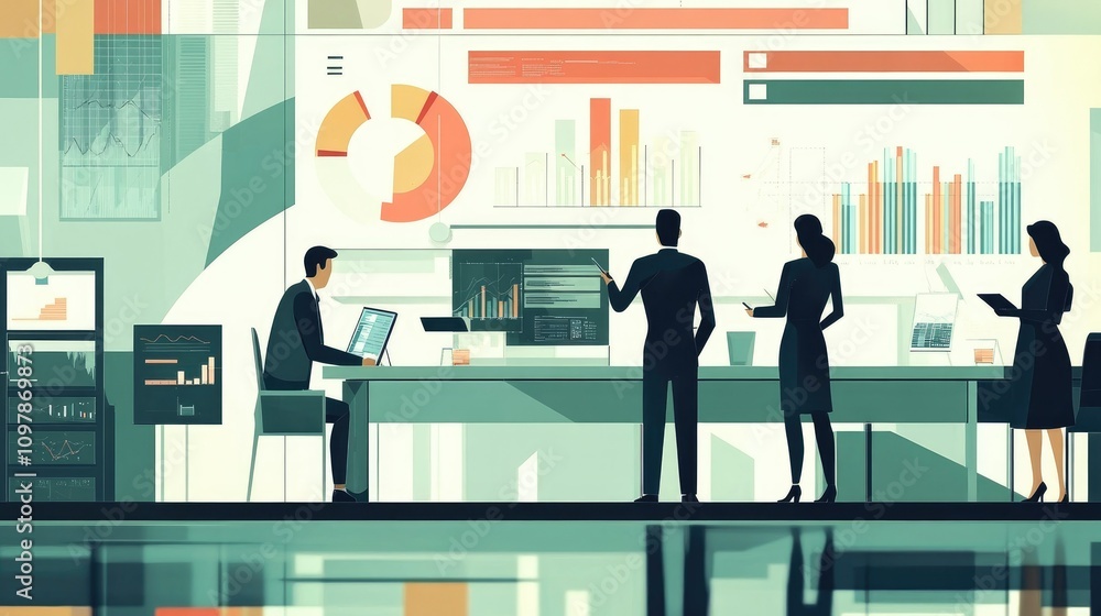 Fototapete vector banner with modern flat design featuring a business meeting where participants analyze growth