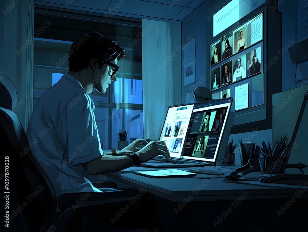 Poster a person working at a computer with multiple screens in a dimly lit office environment.