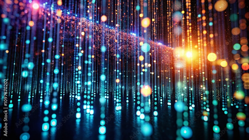 Poster ethereal digital binary code data streaming against a dark background illuminated by soft glows, sym