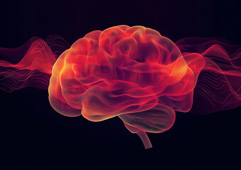 Fototapeta premium Abstract glowing brain in vibrant red tones with neural waves symbolizing creativity, intelligence, and futuristic scientific concepts