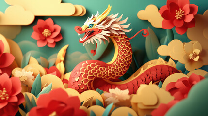 Obraz premium Chinese dragon new year background. Paper cut style, Traditional Festive, Zodiac