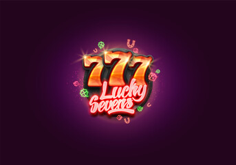 Obraz premium Lucky sevens. Casino banner with neon gaming symbols on a bright background. Vector illustration.