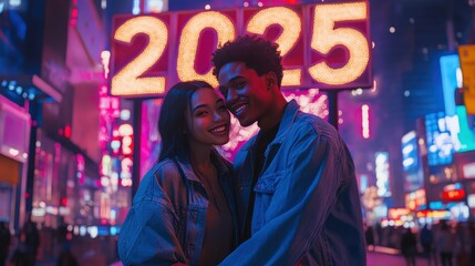 Obraz premium Couple Embraces In Times Square New Years Eve 2025