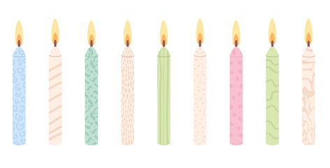 Candle for party cupcake set. Vector flat illustration collection isolated on white background.