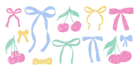 Crayon bow. Coquette ribbons in colorful pastel style. Pencils drawing cherry and bowknots collection for gift decoration. Vector illustration.