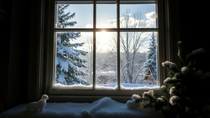 Snowy Mountain Sunrise from Cozy Window Seat, Perfect for Winter Home Decor and Calming Wall Art