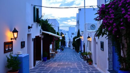 Fototapeta premium Experience the Charm of a Mediterranean Village: Narrow Cobblestone Streets and Whitewashed at Dusk