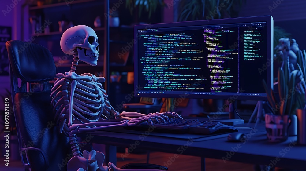 Poster skeleton programmer codes late at night in office