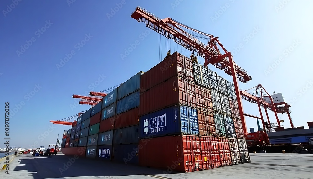 Poster a busy shipping port with stacked containers and cranes for cargo handling.