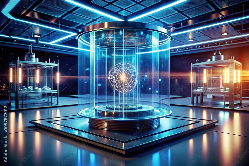 Poster exploring quantum computing concepts through a sleek holographic display in a minimalist educational
