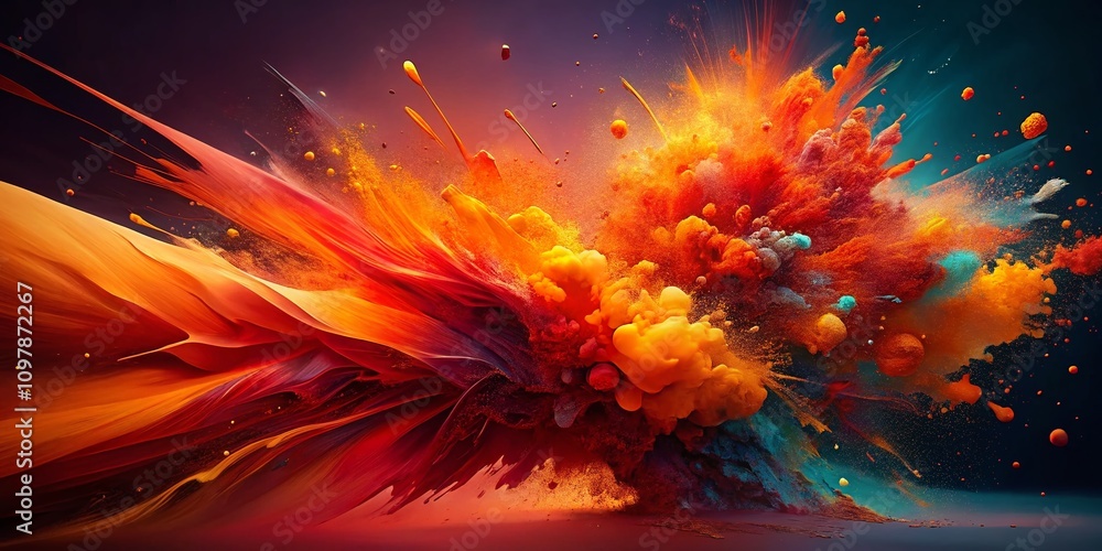 Poster explosive abstract art in orange and red shades with dynamic motion and flowing shapes, perfect for 
