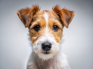 Expressive Fox Terrier Puppy Portrait in Low Light Setting with Soft Shadows on White Background, Highlighting Its Playful Nature and Adorable Features for Stock Photography Use