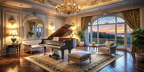 Exquisite Baby Grand Piano in a Luxurious Room with Elegant Décor, Soft Lighting, and Rich Textures Creating a Harmonious Atmosphere for Musical Elegance and Sophistication