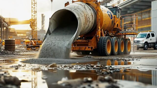 A cement mixer truck pours concrete on a construction site, with workers in the background.