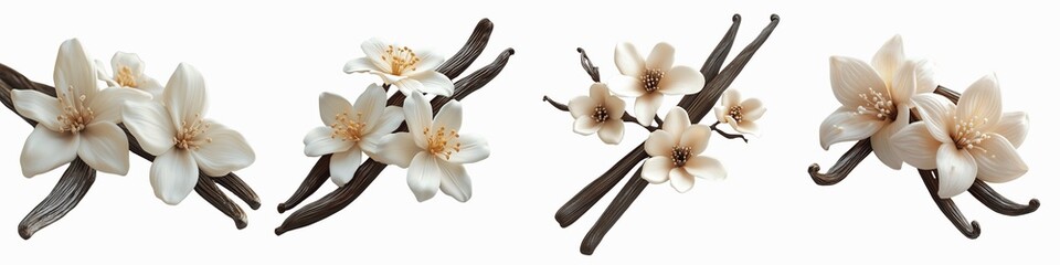 set of Vanilla flower pods and sticks with fine details of their texture, the beauty and fine texture of vanilla pods, vanilla sticks, vanilla flower pods, on a transparent backgrounds