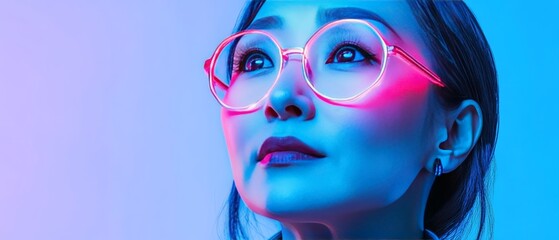 Obraz premium Portrait of a woman with glasses illuminated by cyan and pink neon light blending modern sophistication with vibrant digital creativity