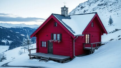 Fototapeta premium Charming Red Cabin in Snowy Mountains: Perfect for Cozy Winter Retreats and Scenic Photography