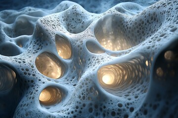 Abstract 3D render of a porous organic structure with glowing tunnels.