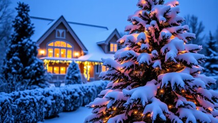 Naklejka premium Enchanting Winter Night Scene with Snowy Christmas Tree and Cozy House, Perfect for Holiday Greetings and Decorations