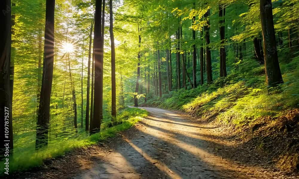 Wall mural animation of a sunlit forest path winds through tall trees