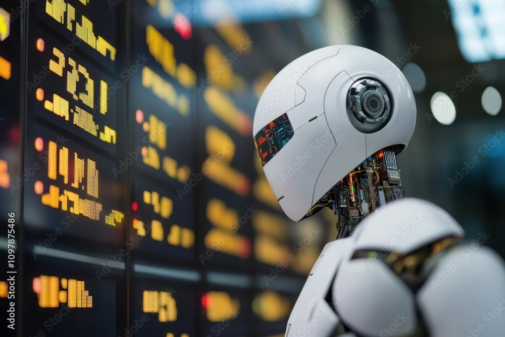 Poster futuristic robot observes digital display board in a high-tech environment at a modern station