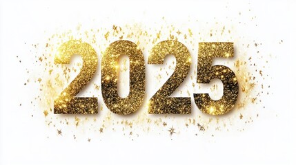 Radiant golden "2025" with shimmering glitter accents, surrounded by subtle light sparkles on white