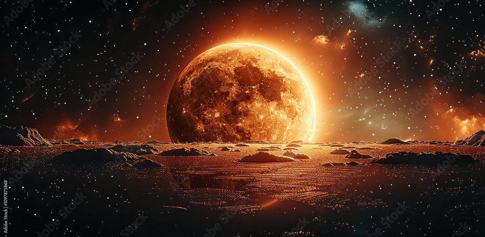 Poster mars glowing softly in the center of a vast black expanse, surrounded by a shimmering sea of a milli