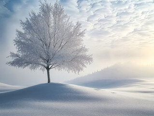 Minimalist Winter Landscape: Snowfields, Frosted Trees, and Serene Scenery